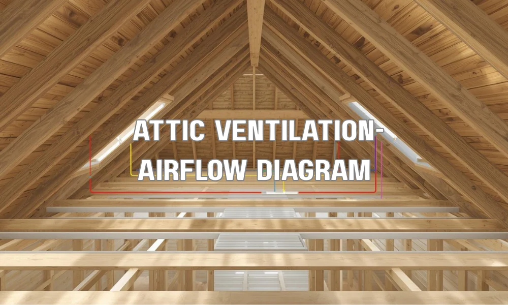 A diagram of a residential house attic showing proper airflow to prevent humidity damage, contrasting intake and exhaust vents.