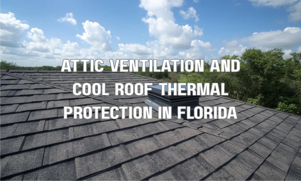 A technical diagram showing how attic ventilation and reflective cool roof coatings work together to reduce thermal stress and protect shingles from overheating