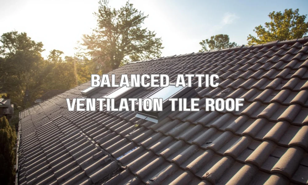 A diagram showing proper attic ventilation under a tile roof. Arrows indicate cool air entering through soffit vents and hot, moist air exiting through a ridge vent, illustrating a continuous airflow that protects the roof structure.