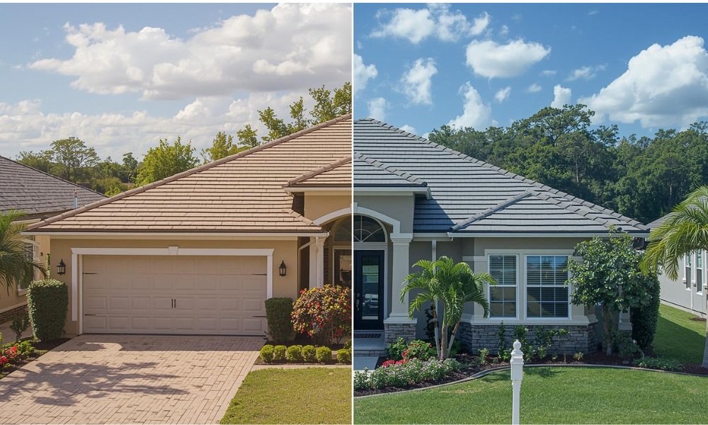 A multi-panel visualization infographic breaking down the core selection checklist, reputation verification, and essential wind mitigation upgrades for top roofing contractors in Weston, Florida, contrasting multi-material repairs, cost-driving factors, and professional qualifications under bright sun.