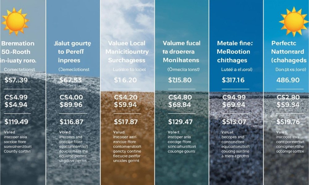 A multi-panel visualization infographic breaking down the core cost components of a roof permit in Broward County, Florida, contrasting valuation-based fees, specific local municipality surcharges, and different inspection costs for diverse re-roofing types under bright sun.