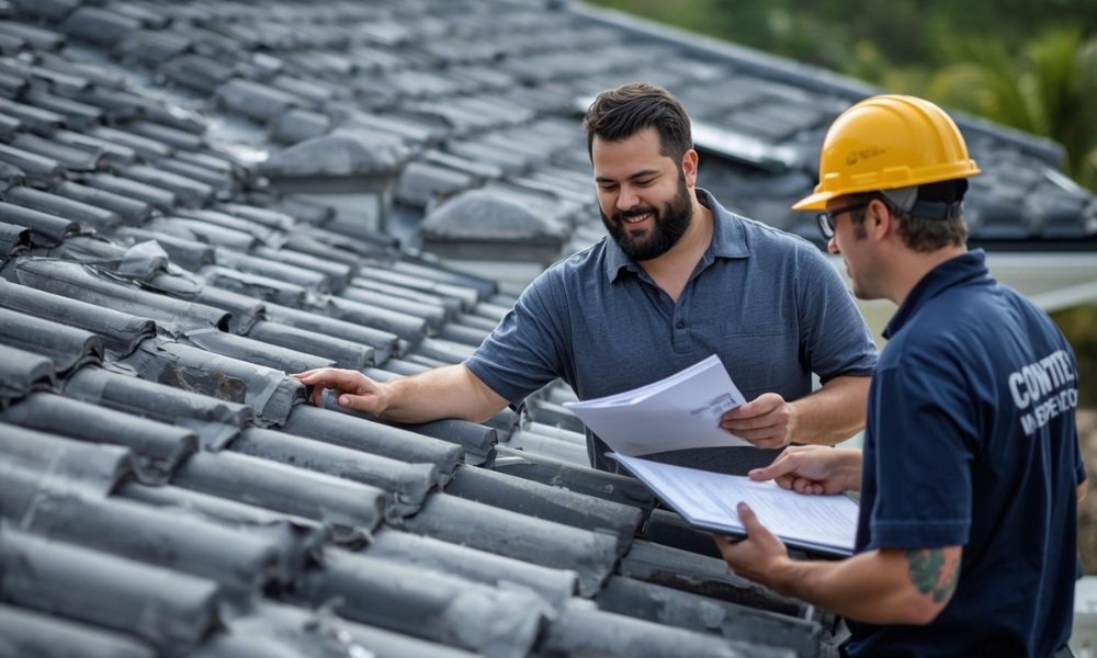 A Broward County building inspector reviews a completed roof installation and permit documents with a contractor outside a Fort Lauderdale home with a new, dark grey tile roof.