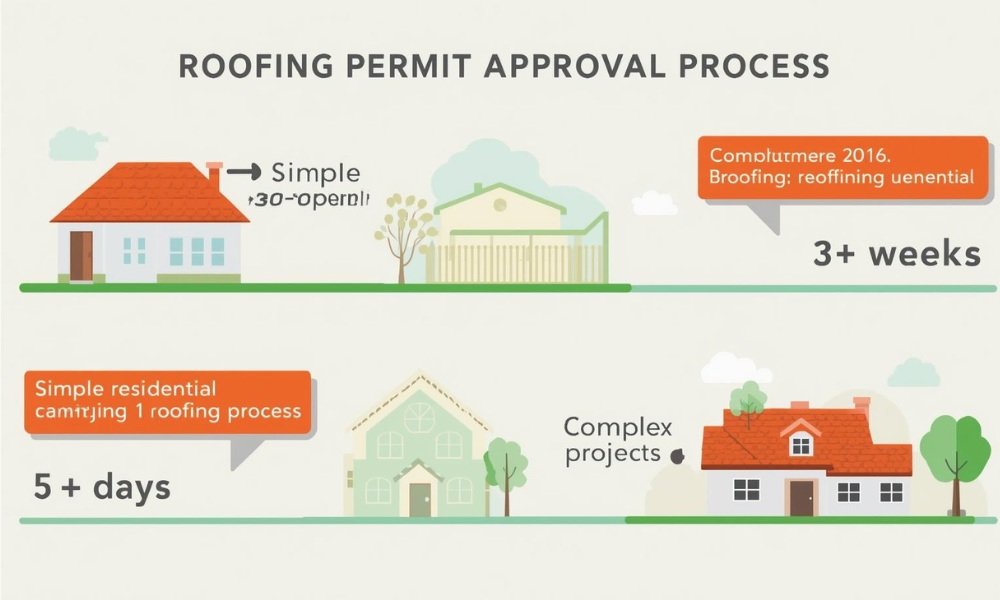 A stylized infographic timeline illustrating the roofing permit approval process in Broward County, showing two paths: a simple residential re-roofing (5-10 days) and a complex project (3+ weeks).