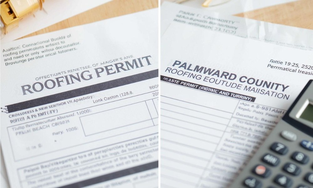 A comparative visual of a roofing permit application process, showing a split image of official permit documents from Broward County and Palm Beach County side-by-side on a desk with a calculator.