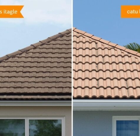 A split visual comparison of a roof replacement project in Florida, contrasting an architectural shingle roof section in Broward County on the left with a traditional concrete barrel tile roof section in Palm Beach County on the right, highlighting regional cost and material differences.