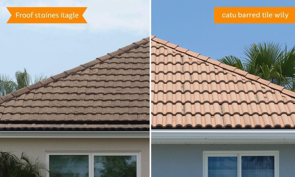 A split visual comparison of a roof replacement project in Florida, contrasting an architectural shingle roof section in Broward County on the left with a traditional concrete barrel tile roof section in Palm Beach County on the right, highlighting regional cost and material differences.