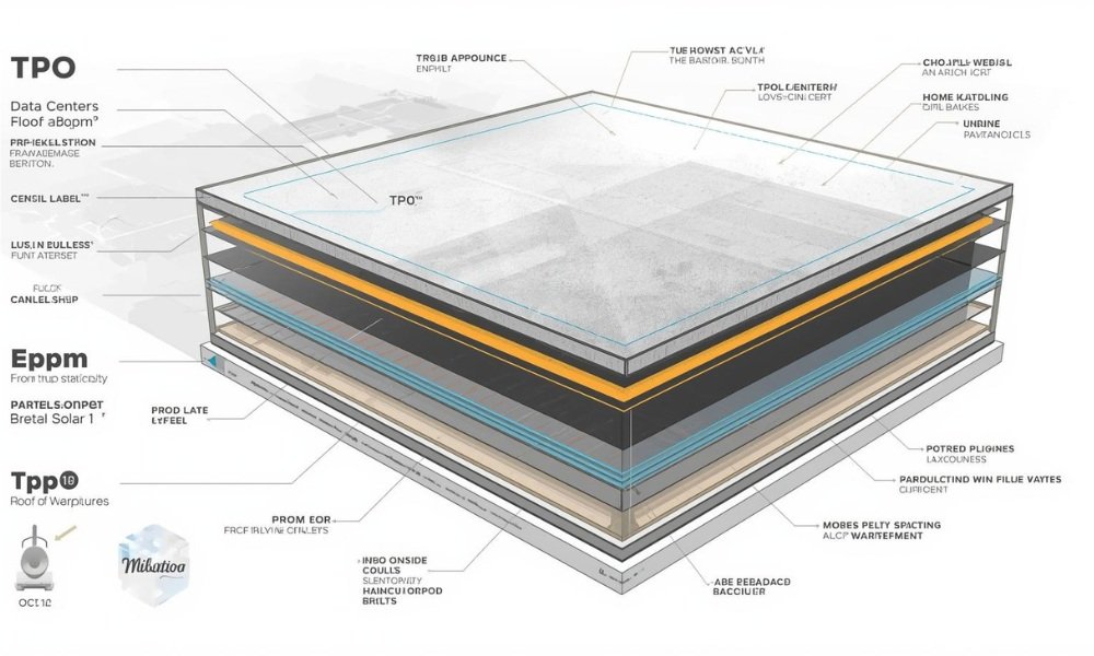 Diagram showing TPO and EPDM roof sections for data centers and warehouses.