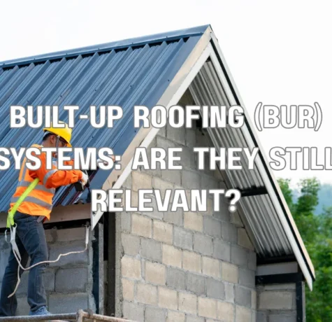 Built-up roofing (BUR) system showing multiple asphalt and felt layers with gravel surface on a flat commercial roof