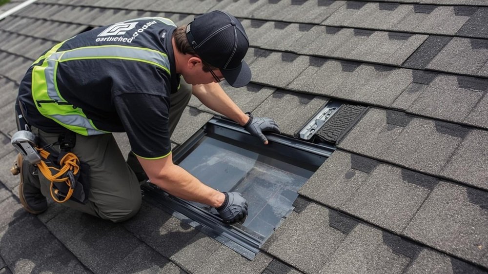 A professional certified roofing installer, wearing a branded uniform, expertly seals a complex roof flashing detail with precision, demonstrating advanced training in watertight system integration.