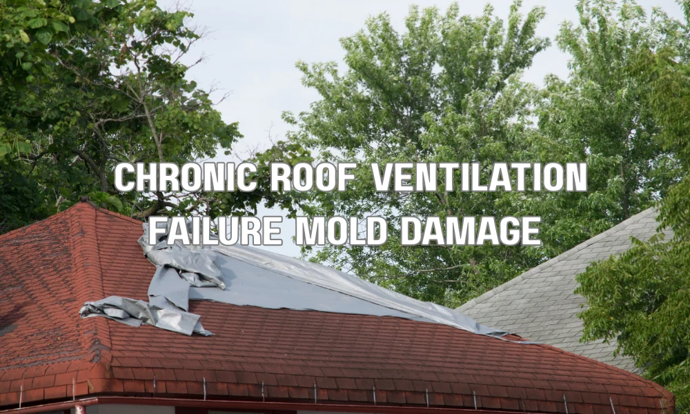 A dark, cluttered attic showing extensive water damage, wood rot on structural trusses, and dark mold growth spreading across the plywood decking due to persistent ventilation failure.