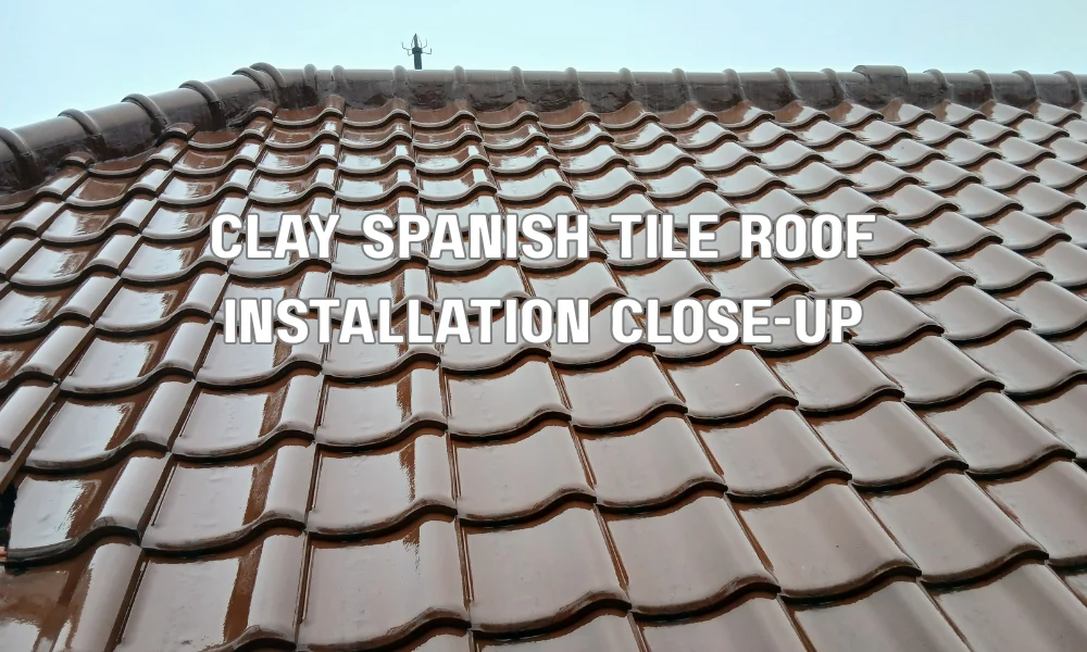 Roofers installing interlocking Spanish clay roof tiles over underlayment during residential roofing installation.