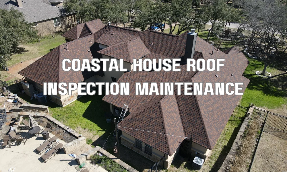 Professional inspecting and maintaining the roof of a coastal home to prevent salt corrosion and storm damage