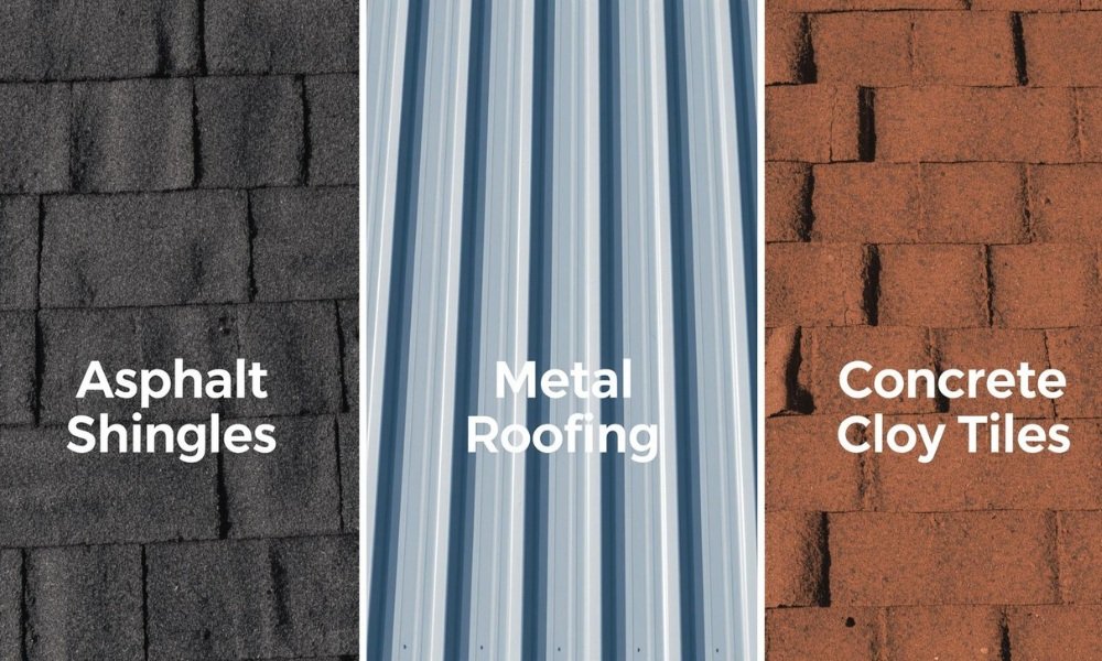 A comparison visual graphic illustrating the different typical lifespans for common roofing materials in Coconut Creek, Florida, including asphalt shingles, metal roofing, and concrete/clay tiles.