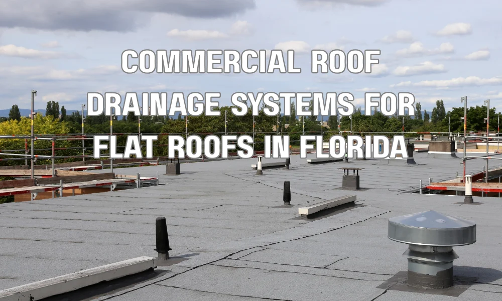 Commercial flat roof drainage system with roof drains and scuppers on a Florida building