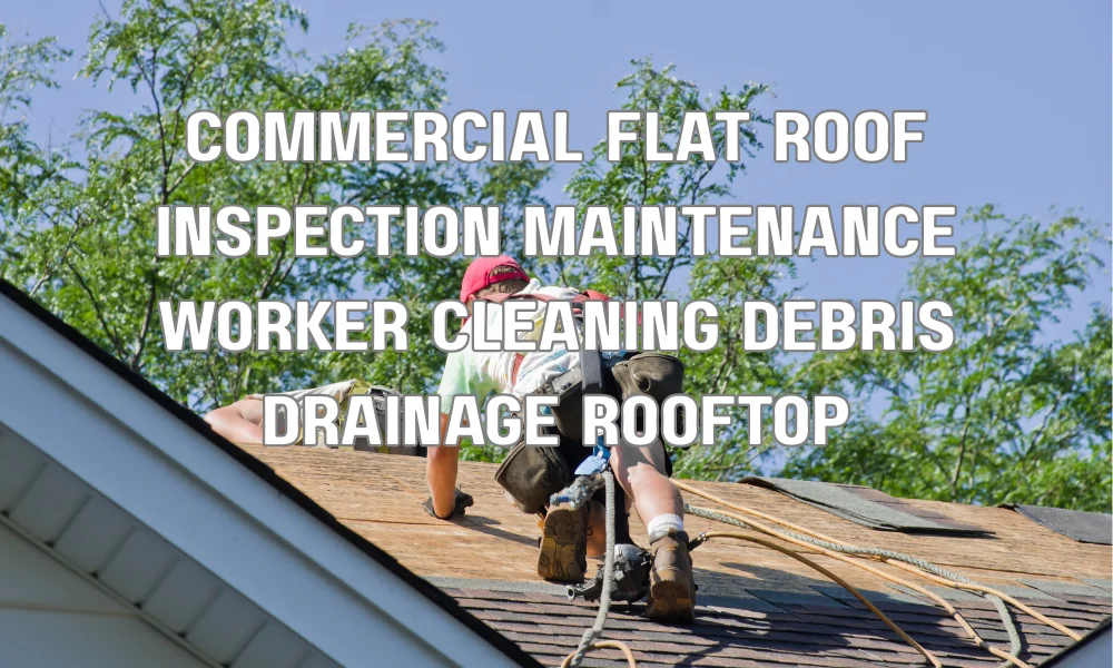 Worker performing maintenance inspection and clearing debris on a commercial flat roof