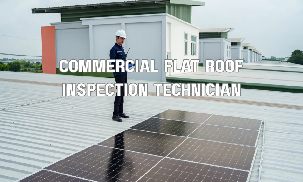 Technician inspecting a commercial restaurant flat roof for maintenance and drainage issues
