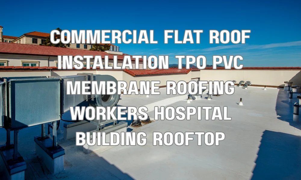 Workers installing TPO membrane on a commercial flat roof for a medical facility in Florida