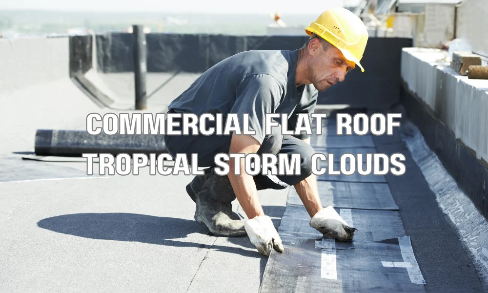 Commercial flat roof in tropical climate under dark storm clouds illustrating heat, humidity, and hurricane exposure in Fort Lauderdale