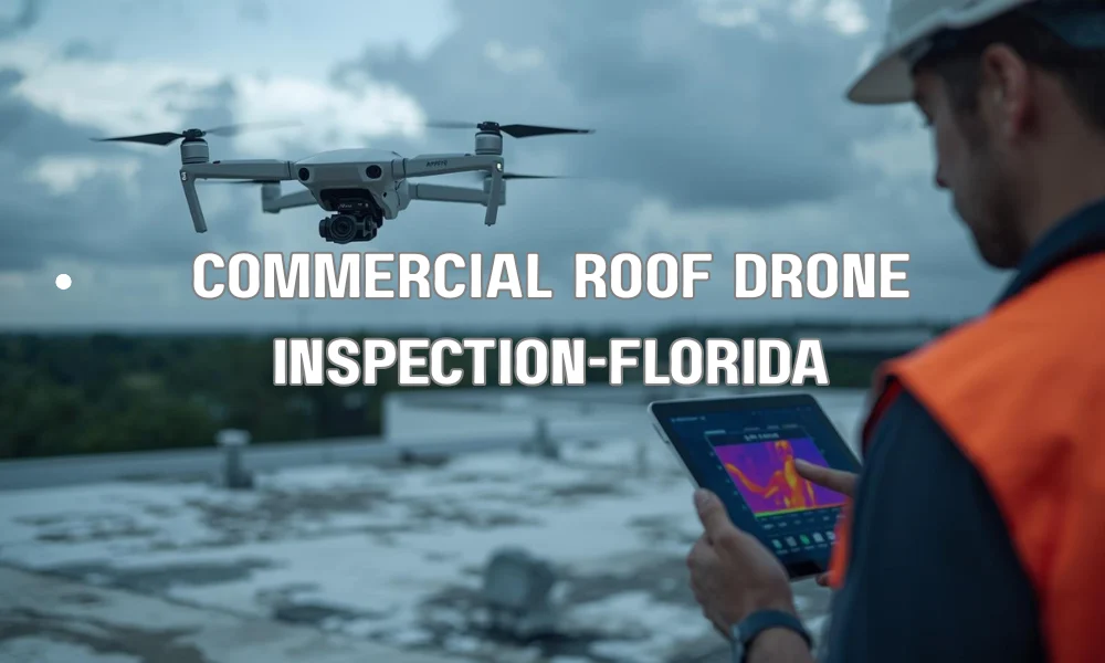 A high-tech drone conducting an automated thermal inspection of a large commercial roof in Florida before a storm, transmitting data to a tablet held by a facility manager.
