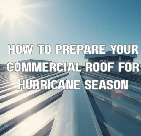 A professional roofing technician wearing a safety harness actively securing a large rooftop HVAC unit on a commercial building in Florida using heavy-duty straps and brackets in preparation for hurricane season.