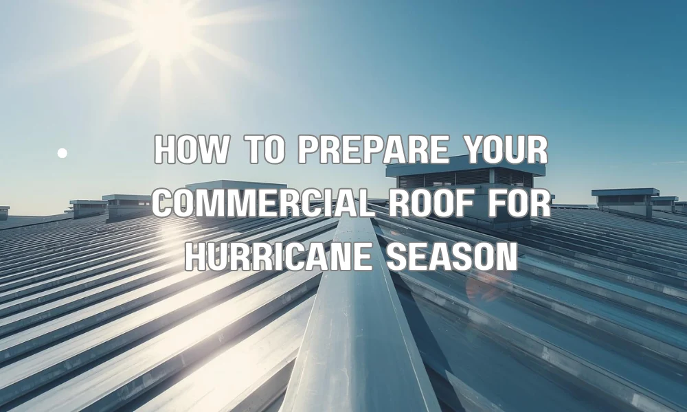 A professional roofing technician wearing a safety harness actively securing a large rooftop HVAC unit on a commercial building in Florida using heavy-duty straps and brackets in preparation for hurricane season.