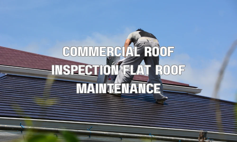 Technician performing preventative maintenance inspection on a flat warehouse roof to check drainage, flashing, and membrane condition