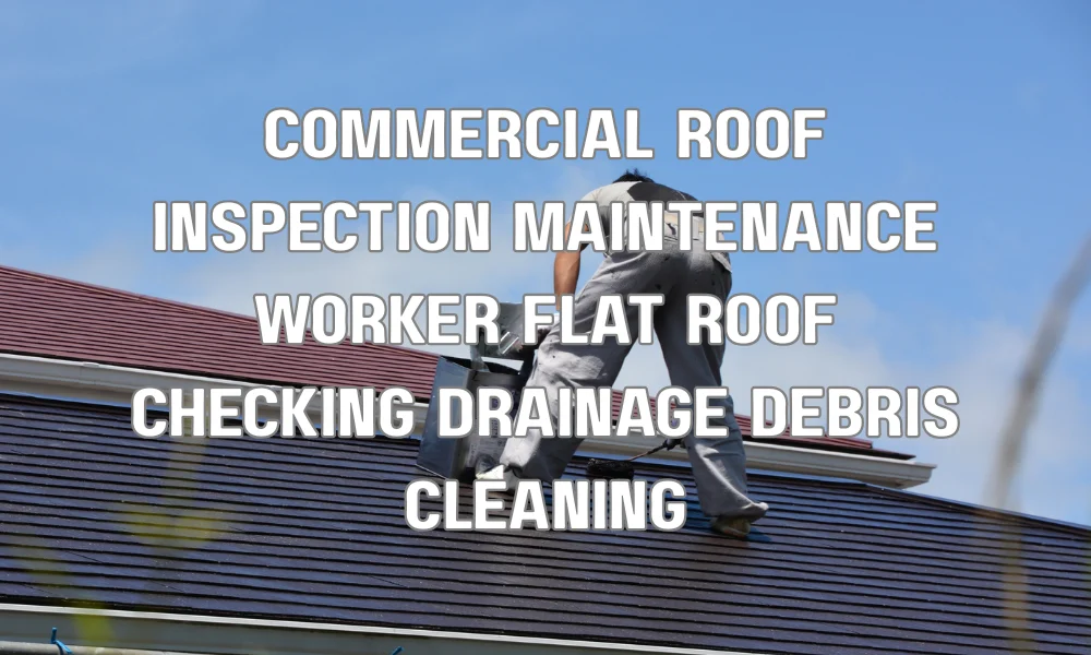 Technician performing commercial roof inspection and maintenance on a flat roof, checking drainage and debris