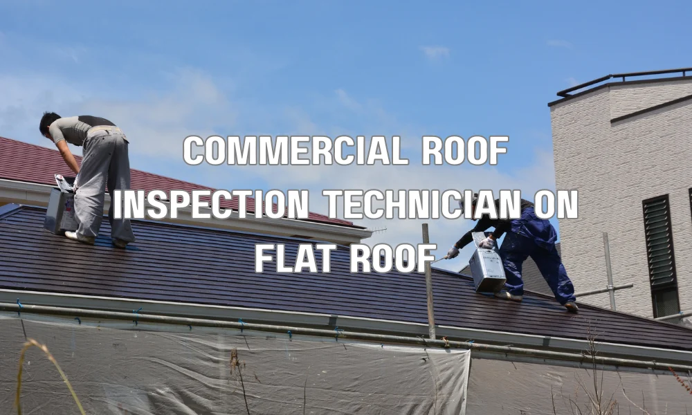 Technician performing a commercial roof inspection on a flat building roof before hurricane season in Florida