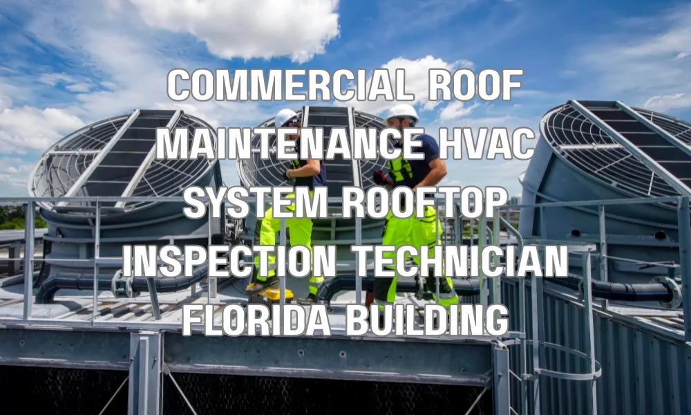 Technician inspecting rooftop HVAC system and roof protection on a commercial building in Florida