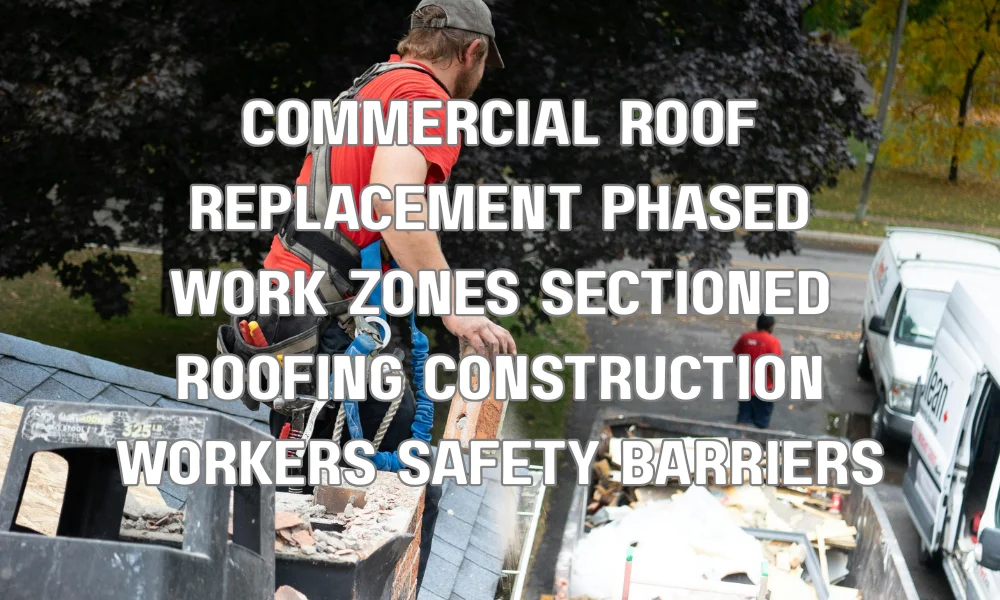 Contractors working on a phased roof replacement with sectioned work zones on a commercial building