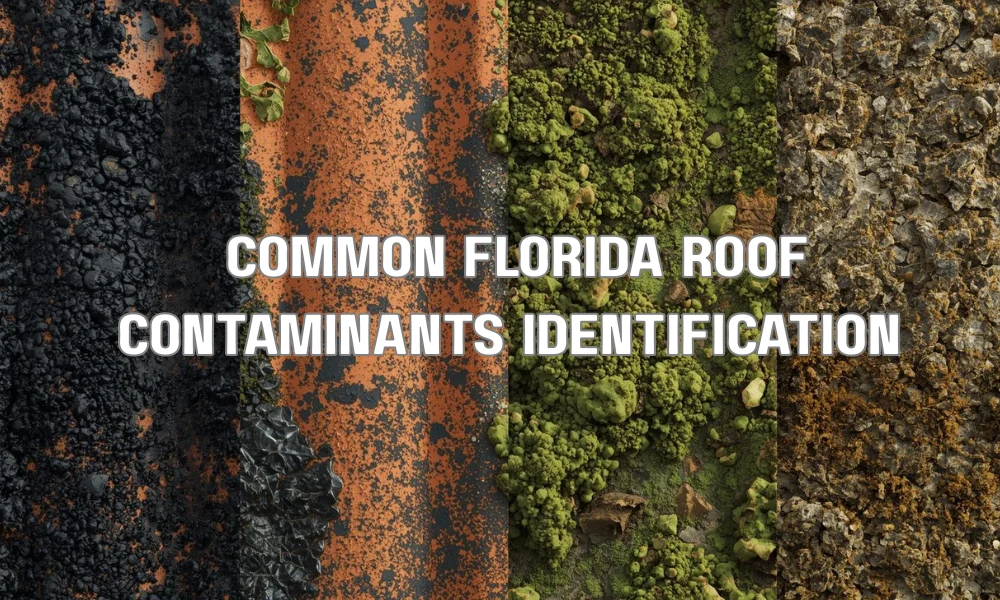 A microscopic detail view showing a close-up section of a weathered Florida roof tile, clearly identifying and contrasting four common contaminants: dark streaks of black algae (Gloeocapsa magma), slick patches of green algae, a cluster of moss, and textured lichen, side-by-side.
