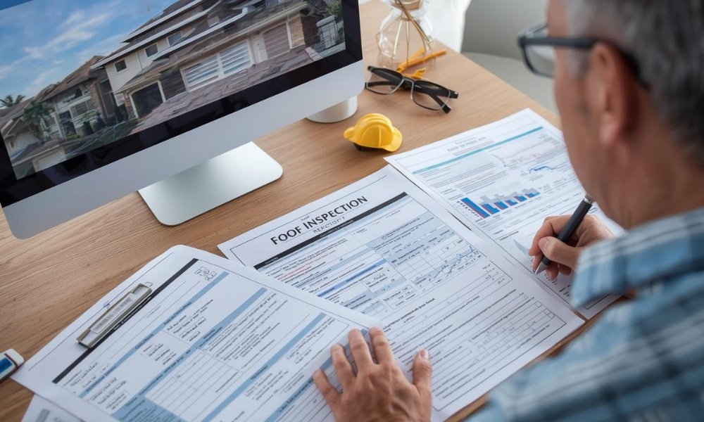 A property owner reviews several detailed roof inspection reports and a checklist on a desk with a computer displaying local Fort Lauderdale real estate, illustrating the process of comparing service value and scope.