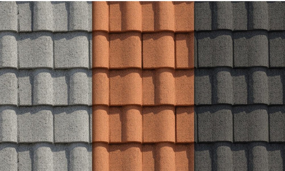 A detailed visual comparison of three different roofing tile materials (concrete, natural clay, and synthetic) common in Florida, illustrating their distinct textures, typical costs, and performance features under bright sunlight.