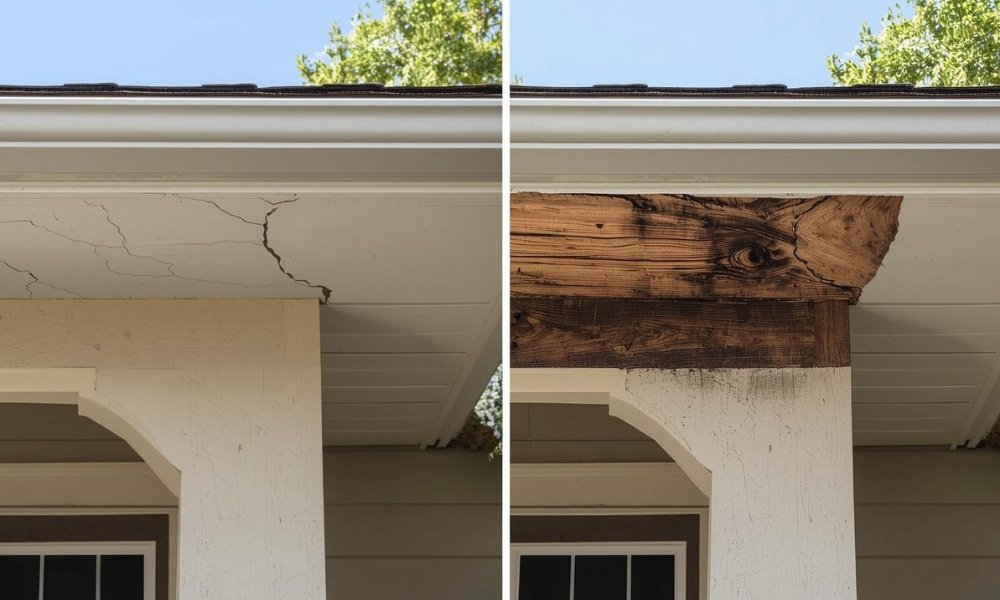 A comparison visualization graphic illustrating two distinct levels of soffit and fascia damage on a Florida home: one side showing minor, localized cracked vinyl and the other side showing extensive, structural wood rot and active termite damage, highlighting the cost variation.