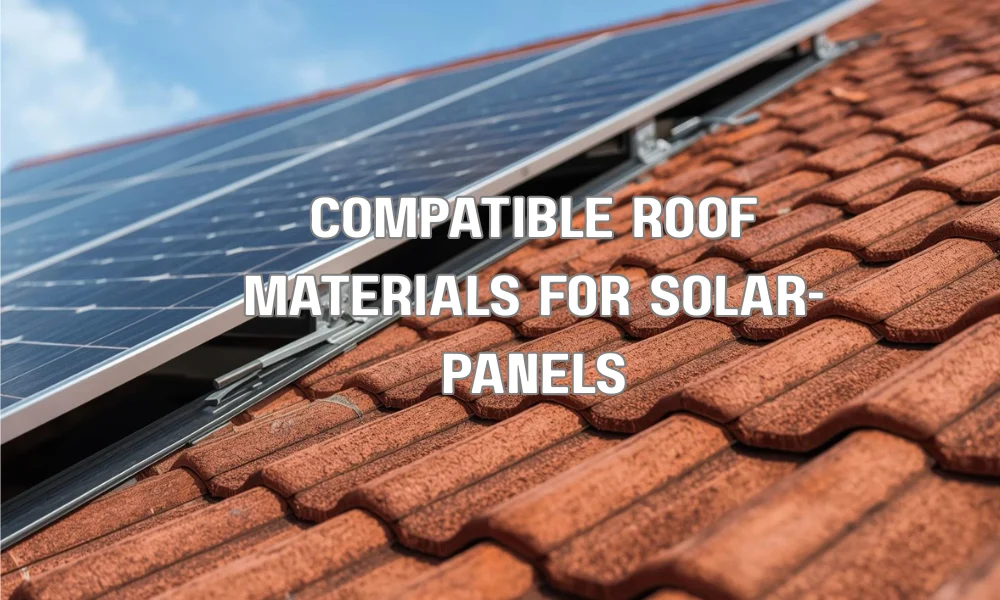 Split-screen showing three types of durable roofing (metal, shingle, and tile) seamlessly integrated with modern solar panels.