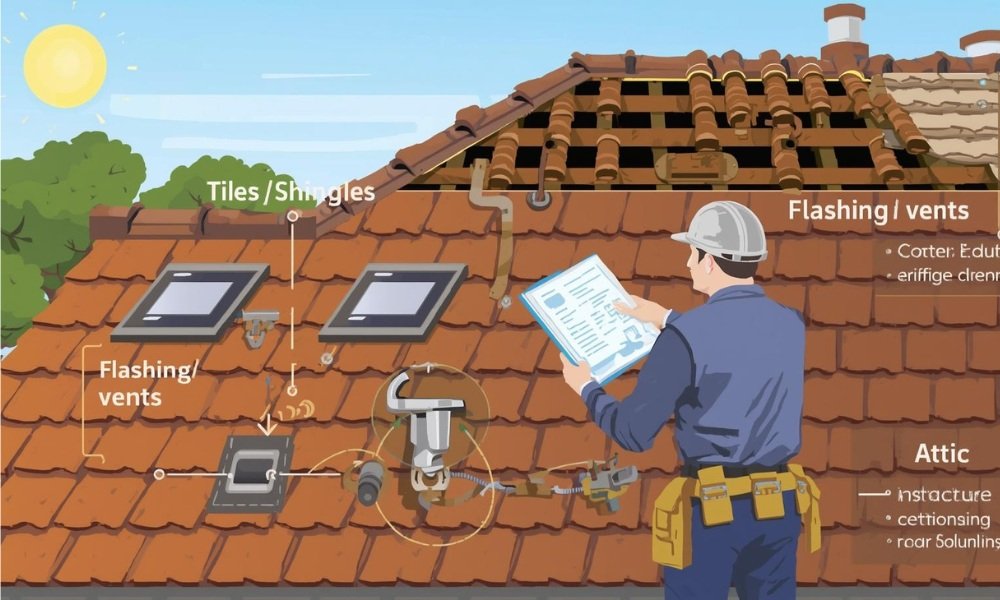 A stylized infographic illustration showing a certified Florida roof inspector meticulously examining five key areas of a residential roof: Tiles/Shingles, Flashing/Vents, Gutters, Attic/Structure, and generating a detailed report, under bright sun.