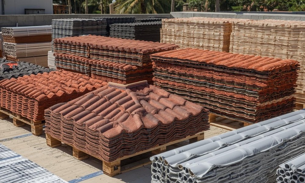 A variety of stacked concrete roof tiles in flat, S-tile, and barrel profiles are shown on pallets on a South Florida job site, along with rolls of code-compliant underlayment and flashing metals under bright sun.