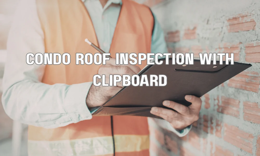 Property manager inspecting a condo building roof with clipboard to plan maintenance and reserve fund budgeting