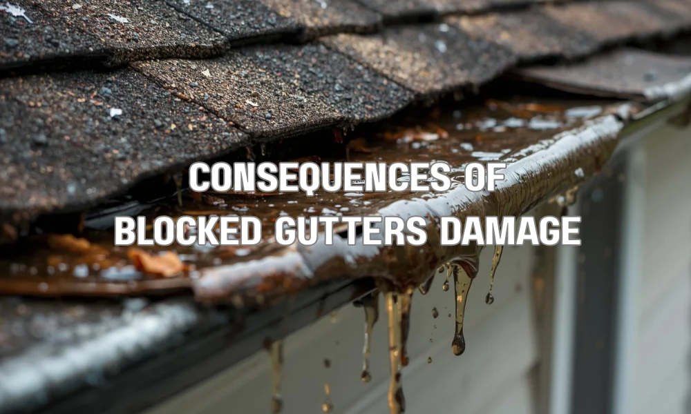 A close-up of a damaged, overflowing rain gutter filled with stagnant water, leaves, and debris, pulling away from a house's roofline.