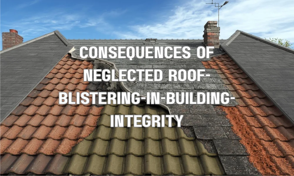 A technical diagram showing the progression of a roof blister from initial formation to structural rot, highlighting saturated insulation and thermal stress rupture.