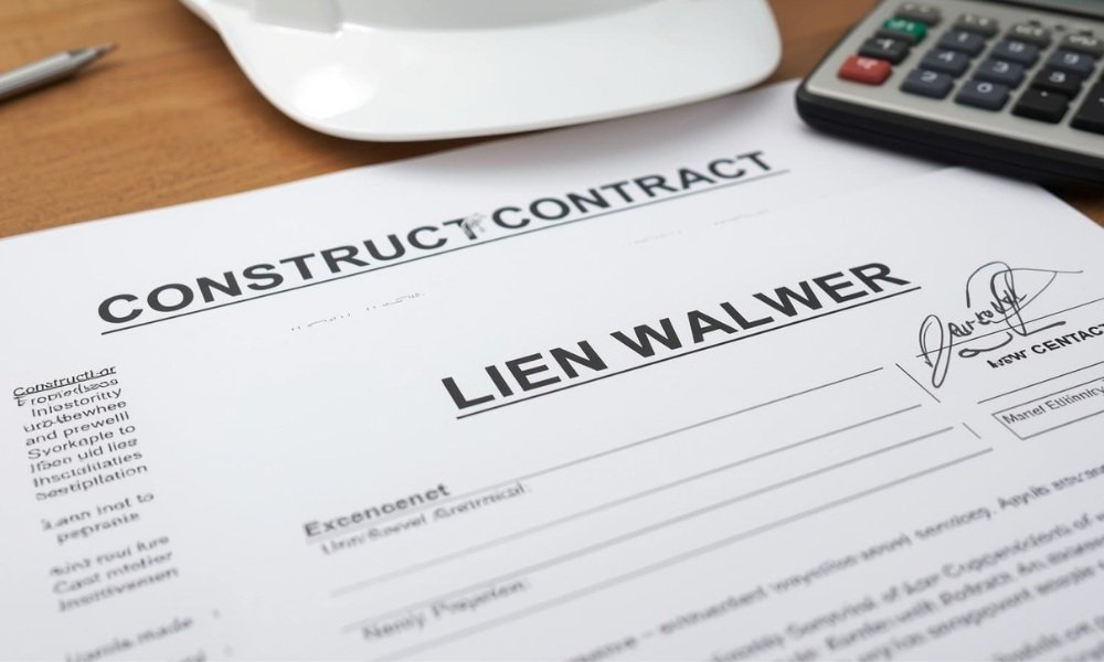 A professional close-up of a construction contract and a signed lien waiver form on a wooden desk with a hard hat and a calculator in the background.