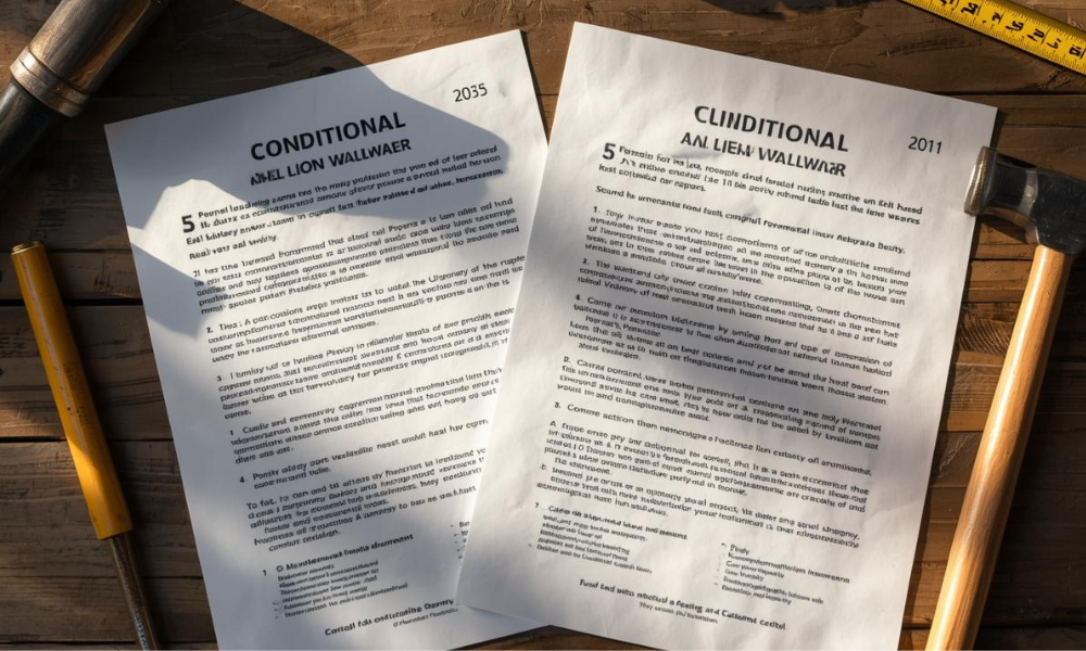 A side-by-side visual comparison of conditional and unconditional lien waiver documents on a wooden desk with construction tools.