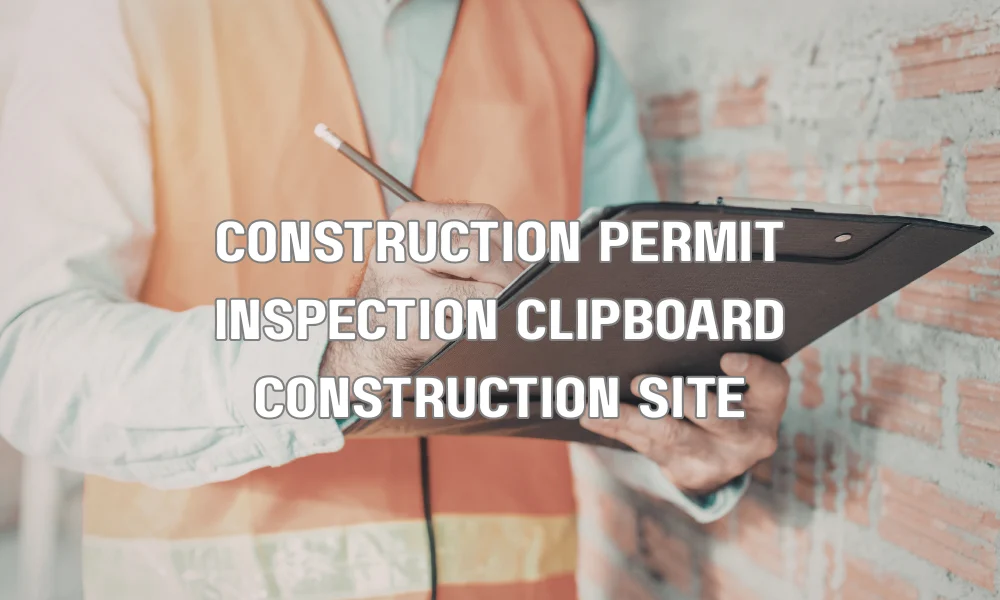 Contractor reviewing building permit documents at a residential construction site before roofing work and inspections