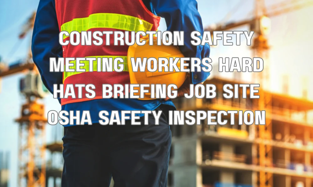 Construction workers in safety gear attending a job site safety briefing with OSHA compliance measures