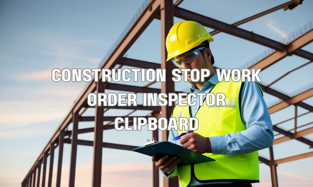 Building inspector issuing a stop-work order at a residential roof construction site due to missing permits