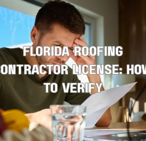 Contractor verifying a Florida roofing contractor license online using a laptop and documents