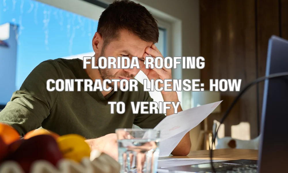 Contractor verifying a Florida roofing contractor license online using a laptop and documents