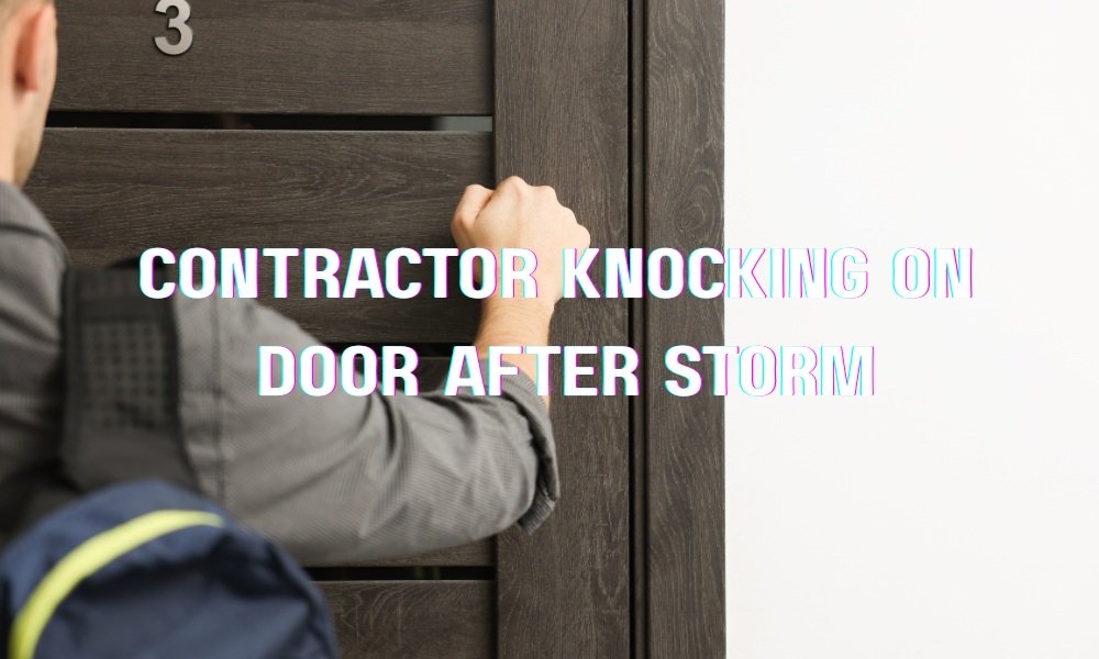 Contractor knocking on homeowner’s door after storm damage, illustrating storm chaser roofing scam risk.