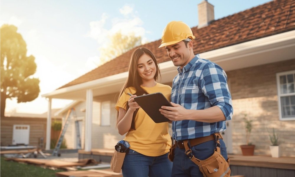 A homeowner and a roofing contractor review on-site financing options on a tablet.