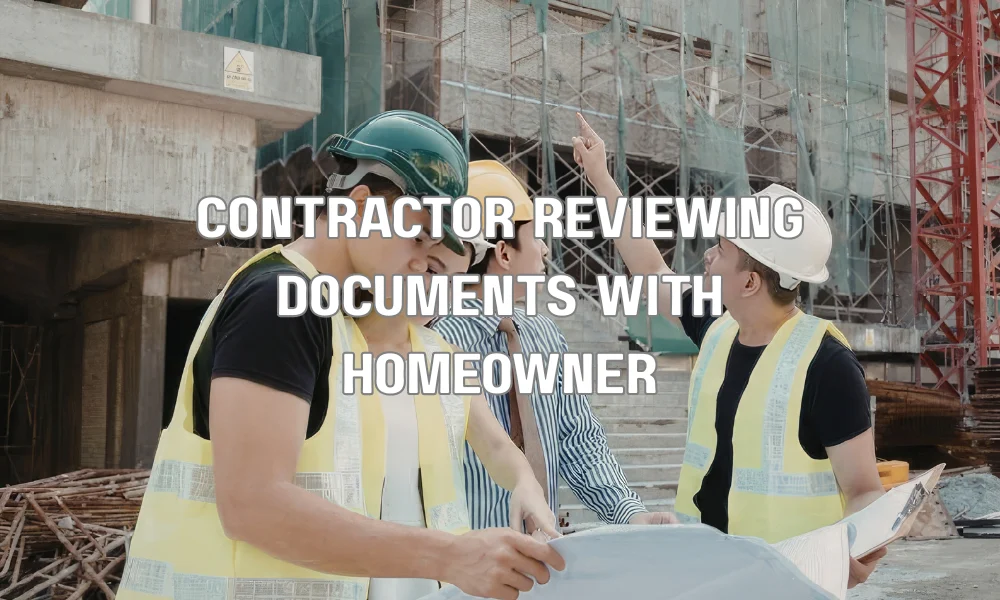 Homeowner reviewing contractor license, insurance, and paperwork during a home renovation consultation
